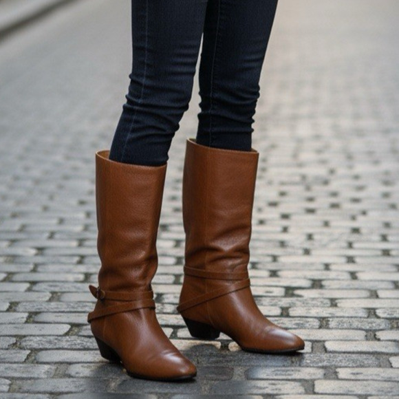 Frye Mid Calf Leather Boots Pull On Harness Strappy Brown Women's 8.5 M 37444 - Picture 1 of 16